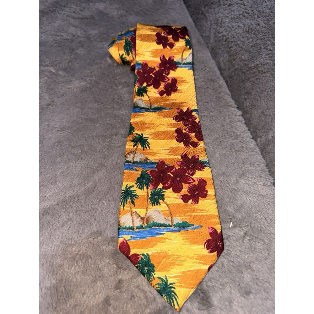 Resilio Men's Silk Tie Red Blue Yellow Tropical Print EUC